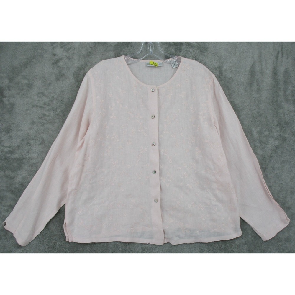 Valerie Stevens Shirt Womens Size M Pink Linen Floral Embroidered Button Front
